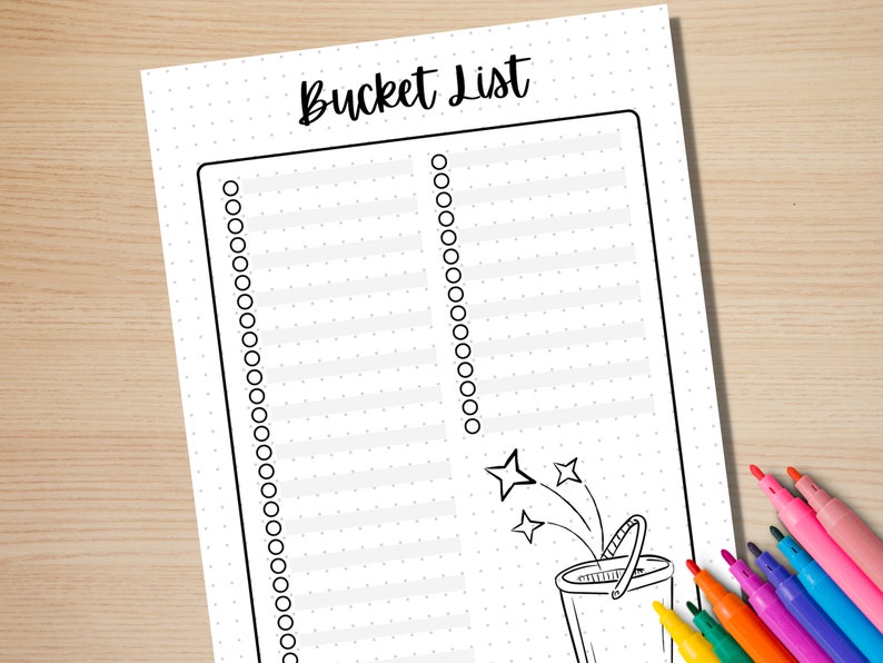 May include: A printable bucket list with a dotted background and a drawing of a bucket with stars coming out of it. The text "Bucket List" is at the top of the page.