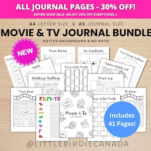 以下が含まれることがあります： 白黒の映画とテレビのジャーナルページのバンドル。映画レビュー、視聴チャレンジなどのページが含まれています。画像には「Movie & TV Journal Bundle」と「Includes 41 Pages!」と書かれています。