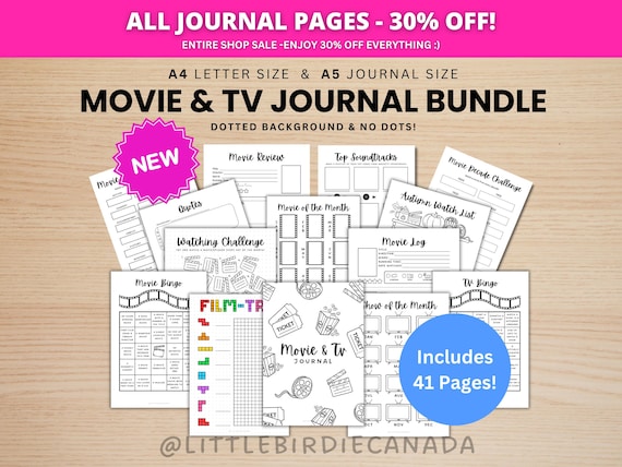 MOVIE and TV Journal Bundle - Printable Journal Pages - Digital Planner Pages - A5 & A4 Size - Value Pack - 41 Trackers - Dots and No Dots