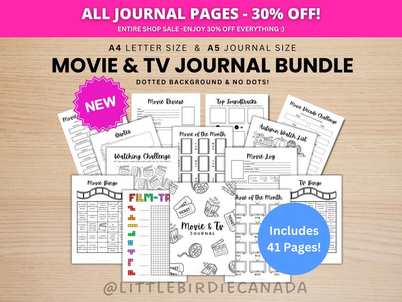 K&ouml;nnte beinhalten: Ein Bundle aus schwarz-wei&szlig;en Film- und TV-Journalseiten. Das Bundle enth&auml;lt Seiten f&uuml;r Filmkritiken, Watching Challenges und mehr. Der Text auf dem Bild lautet "Movie & TV Journal Bundle" und "Includes 41 Pages!"