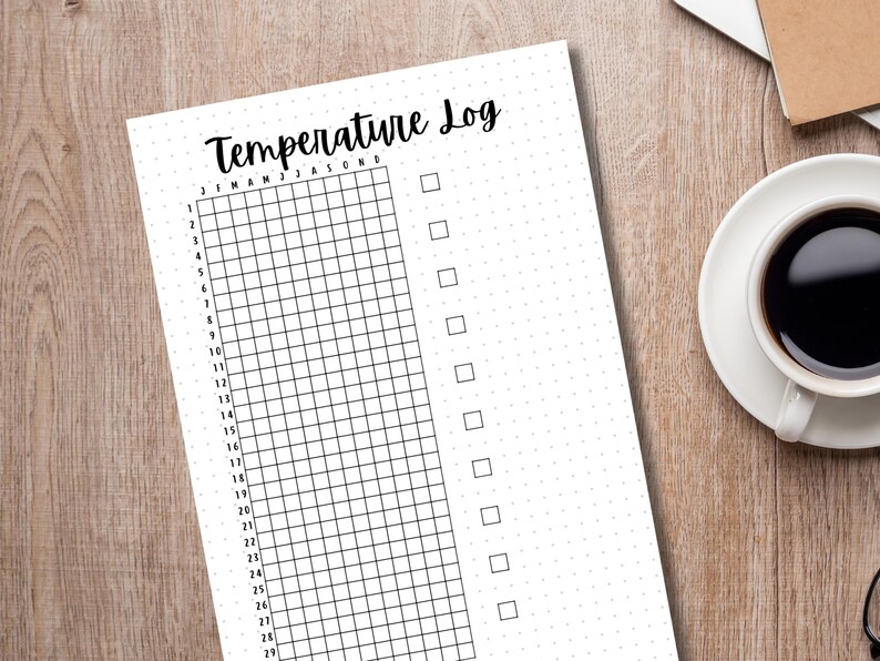 May include: A black and white printable temperature log with a grid for tracking temperatures throughout the year. The log includes the months of January through December.