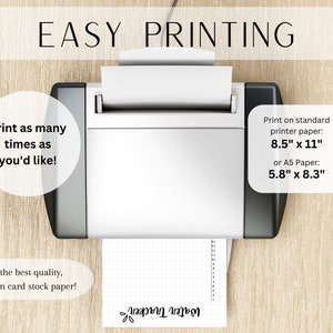 May include: A white printer with a sheet of paper coming out of it. The paper has a grid pattern and the text "Letter Tracker" written on it. The text "EASY PRINTING" is at the top of the image. The text "Print as many times as you'd like!" is on the left side of the image. The text "Print on standard printer paper: 8.5" x 11" or A5 Paper: 5.8" x 8.3" is on the right side of the image. The text "For the best quality, print on card stock paper!" is at the bottom left of the image.