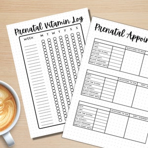 May include: Two printable checklists for prenatal appointments and vitamin tracking. The checklist includes sections for date, time, how far along, doctor, weight, blood pressure, and baby's heart rate.