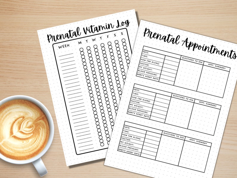 May include: Two printable checklists for prenatal appointments and vitamin tracking. The checklist includes sections for date, time, how far along, doctor, weight, blood pressure, and baby's heart rate.