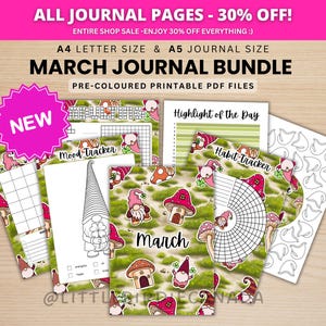 May include: Printable PDF journal pages with a March theme, featuring gnomes and mushrooms. The pages include a mood tracker, habit tracker, and a "Highlight of the Day" section. The text "March Journal Bundle" is displayed. A pink starburst displays the word "NEW".