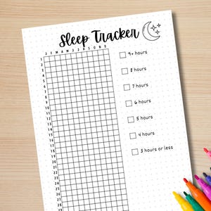 May include: A printable sleep tracker with a grid for each day of the month and checkboxes for different sleep durations: 9+ hours, 8 hours, 7 hours, 6 hours, 5 hours, 4 hours, and 3 hours or less.
