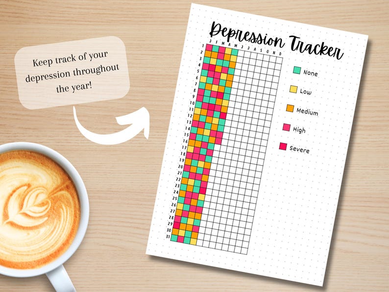 K&ouml;nnte beinhalten: Ein druckbarer Depressions-Tracker mit einem Raster aus Quadraten, die f&uuml;r jeden Tag des Jahres ausgemalt werden k&ouml;nnen. Die Quadrate sind farbcodiert, um verschiedene Depressionsstufen darzustellen: keine, leicht, mittel, schwer und sehr schwer. Der Tracker soll Menschen helfen, ihre Stimmung zu verfolgen und Muster in ihrer Depression zu erkennen.