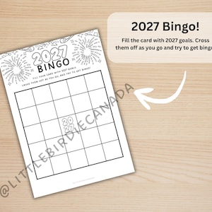 May include: A black and white printable 2027 Bingo goal card featuring fireworks illustrations at the top. The card includes a five-by-five grid with the text 2027 in the center square and instructions to fill the card with 2027 goals.