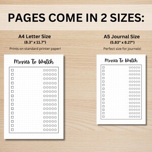 Pu&ograve; includere: Due pagine stampabili per tenere traccia dei film, una in formato A4 (8,3 pollici per 11,7 pollici) e una in formato A5 (5,83 pollici per 8,27 pollici). Ogni pagina ha un elenco di controllo per i film da guardare e un sistema di valutazione a cinque stelle.