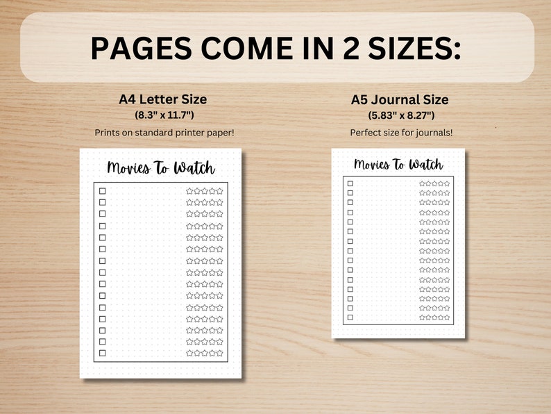 Pu&ograve; includere: Due pagine stampabili per tenere traccia dei film, una in formato A4 (8,3 pollici per 11,7 pollici) e una in formato A5 (5,83 pollici per 8,27 pollici). Ogni pagina ha un elenco di controllo per i film da guardare e un sistema di valutazione a cinque stelle.