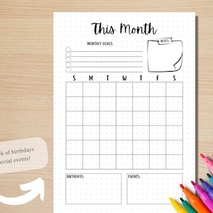 May include: A printable monthly calendar planner with dotted lines and a section for monthly goals, notes, birthdays, and events. The calendar has a grid for each day of the week, with the days of the week labeled S, M, T, W, T, F, S.