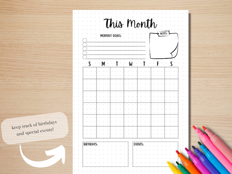 May include: A printable monthly calendar planner with dotted lines and a section for monthly goals, notes, birthdays, and events. The calendar has a grid for each day of the week, with the days of the week labeled S, M, T, W, T, F, S.