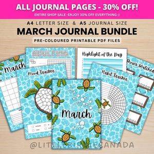 Maart-dagboekbundel - Turtles - AFDRUKBARE dagboekpagina's - VOORGEKLEURDE pagina's - maartplanner - maart-agenda - afdrukbare planner afbeelding 1