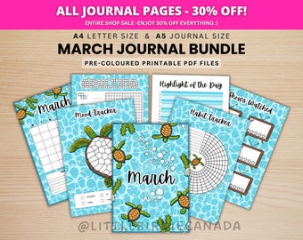 March Journal Bundle - Turtles - PRINTABLE Journal Pages - PRE-COLOURED Pages - March Planner - March Agenda - Printable Planner