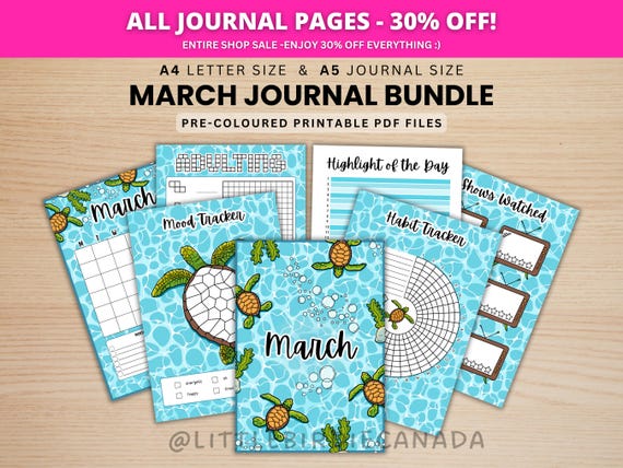 March Journal Bundle - Turtles - PRINTABLE Journal Pages - PRE-COLOURED Pages - March Planner - March Agenda - Printable Planner
