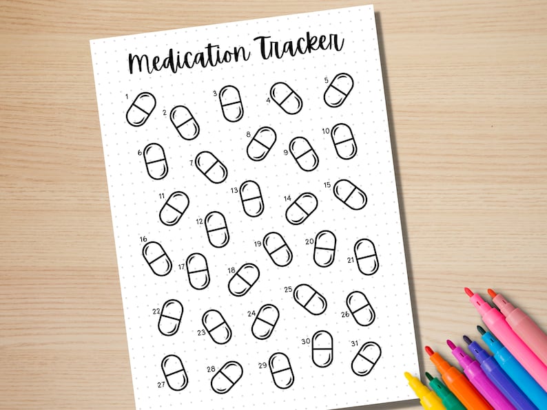 May include: A black and white printable medication tracker with 31 pill-shaped icons numbered 1 through 31. The tracker is designed to help people keep track of their medication schedule.