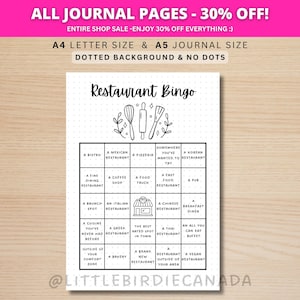 レストランビンゴゲーム - 冬のアクティビティ - 印刷可能なジャーナルページ - プランナーページ - おすすめレストラン - レストランリスト - 新しいことに挑戦