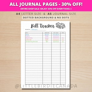 Seguimiento de facturas - Página de diario IMPRIMIBLE - Página de planificación - Seguimiento de gastos - Organizador de facturas mensuales - Seguimiento de pagos de facturas - Lista de verificación de facturas