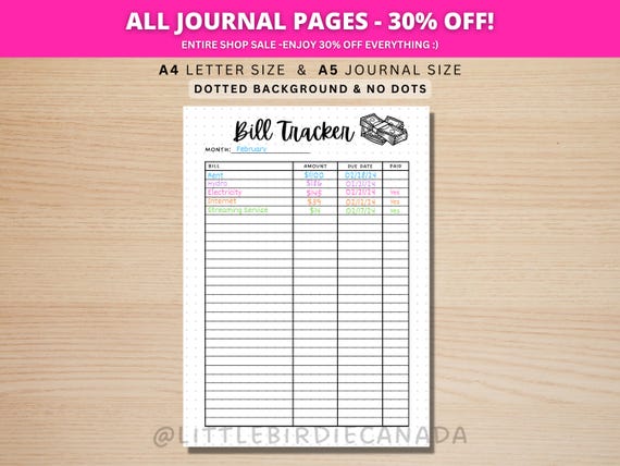 Bill Tracker - PRINTABLE Journal Page - Planner Page - Expense Tracker - Monthly Bill Organizer - Bill Payment Tracker - Bill Checklist