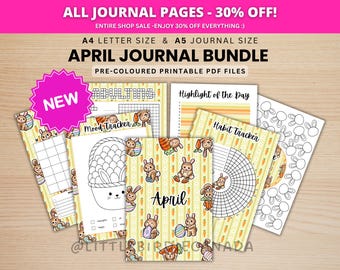 April Journal Bundle - Easter Bunny - PRINTABLE Journal Pages - PRE-COLOURED Pages - April Planner - April Agenda - Printable Planner