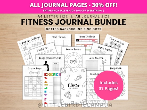FITNESS JOURNAL BUNDLE - Printable Journal Pages - Digital Planner Pages - A5 & A4 Size - Value Pack - 37 Pages - Dots and No Dots