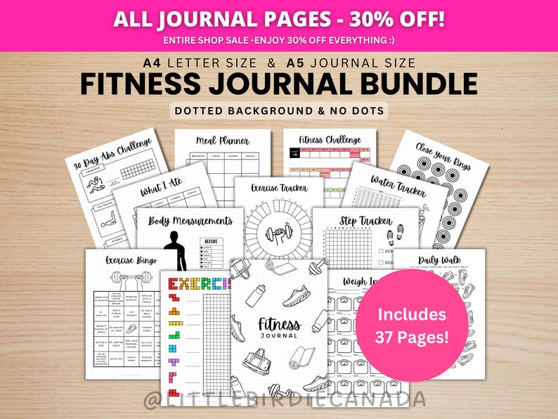 PAKIET FITNESS JOURNAL - Strony do wydruku dziennika - Strony do cyfrowego planera - Format A5 i A4 - Pakiet ekonomiczny - 37 stron - Kropki i brak kropek zdjęcie 1