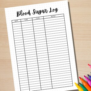 May include: A printable blood sugar log with columns for date, time, level, and notes.