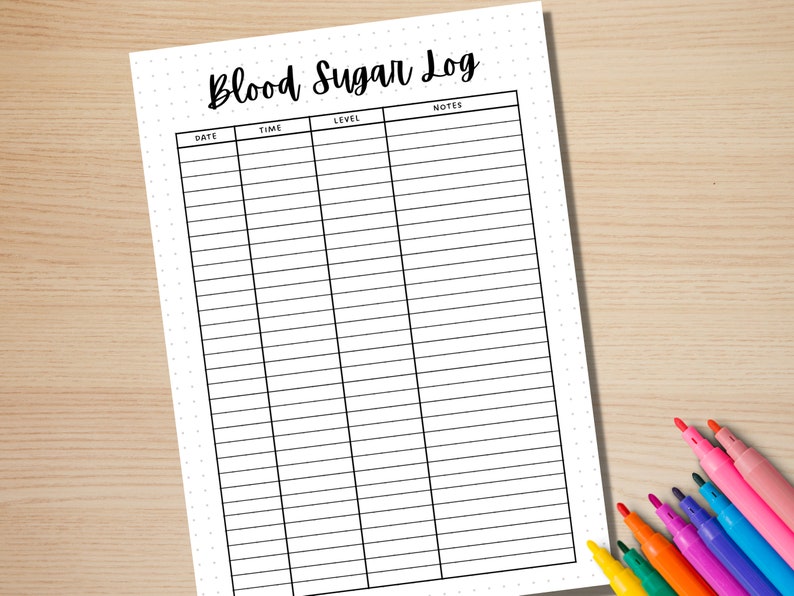 May include: A printable blood sugar log with columns for date, time, level, and notes.