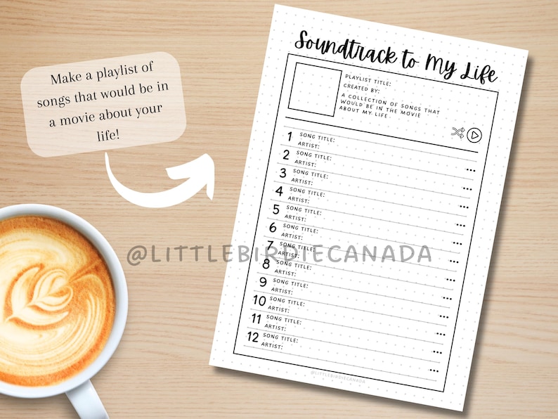Soundtrack Jourcal Example Soundtrack to My Life - PRINTABLE Journal Page - Music Tracker - Movie ...