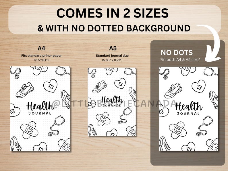 May include: Two black and white printable health journal covers with a variety of health-related icons, including a stethoscope, bandaid, heart, and running shoe. The text "Health Journal" is printed on both covers. The covers are available in two sizes: 8.5 inches by 11 inches and 5.83 inches by 8.27 inches. The covers are available without a dotted background.