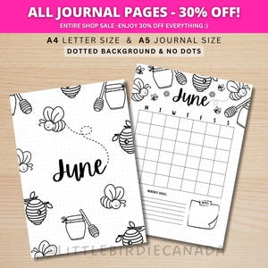 Página de título de junio - Abejorro - Calendario de junio - Calendario IMPRIMIBLE - Juego de página de título de diario y calendario - Portada de junio