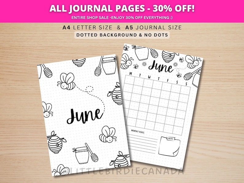 June Title Page - Bumble Bee - June Calendar - PRINTABLE Calendar - Journal Title Page and Calendar Set - June Cover Page image 1