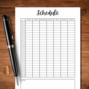 May include: A black and white printable daily schedule planner with a dotted background. The planner includes a section for notes at the bottom.