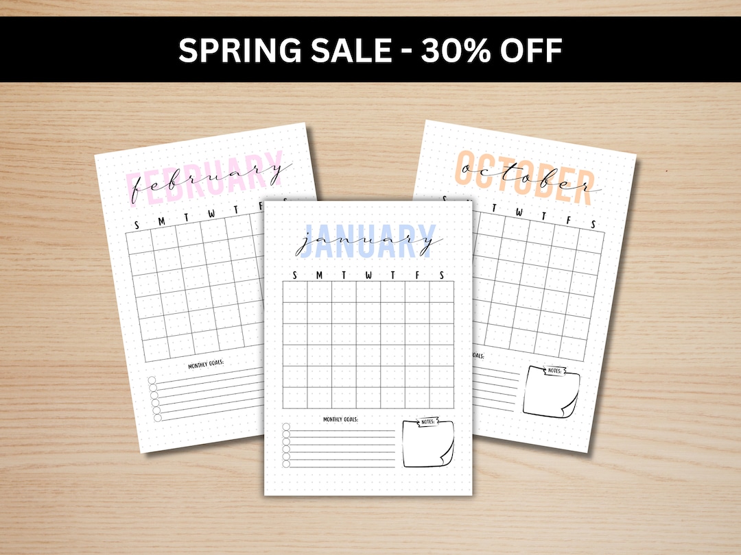 12 Month Calendar Pages A5 Journal Monthly Calendar Template Monthly ...