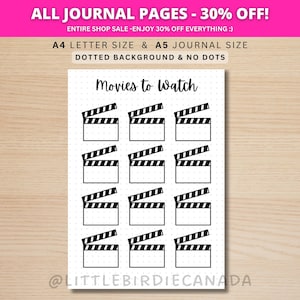 Movies To Watch - PRINTABLE Journal Page - Planner Page - Movie Watching Journal Tracker - Printable Movie List - Movie Recommendation List