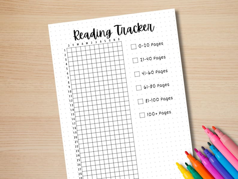 May include: A printable reading tracker with a grid for logging books read each month. The grid is divided into 28 squares, representing the days of the month. The tracker also includes a checklist for logging the number of pages read in each book.