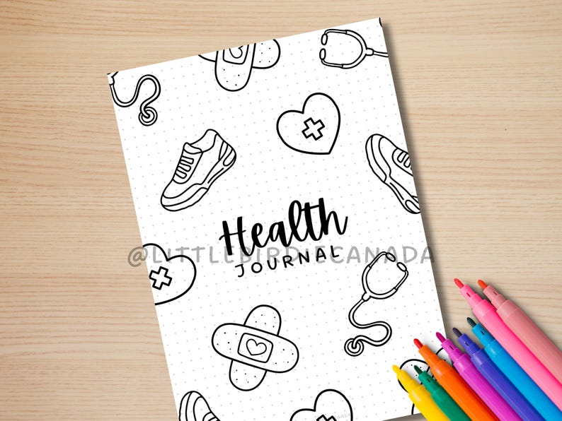 May include: A black and white printable health journal cover with a dotted background. The cover features illustrations of a heart with a cross, a stethoscope, a bandage, a running shoe, and the text "Health Journal".
