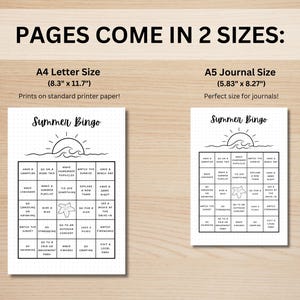 May include: Two printable summer bingo cards with a beach theme. The cards are available in two sizes: 8.3 inches by 11.7 inches and 5.83 inches by 8.27 inches. The cards feature a sun, waves, and a starfish.
