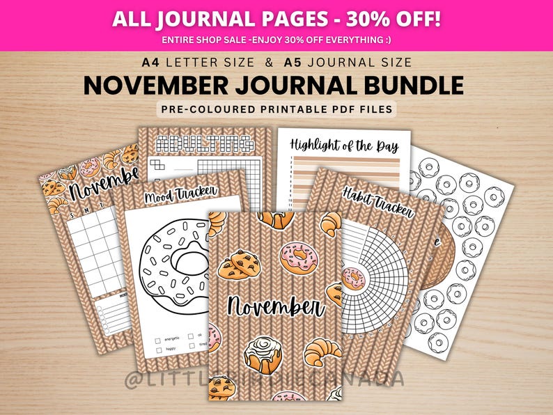 November Journal Bundle - Pastries - PRINTABLE Journal Pages - PRE-COLOURED Pages - November Planner - November Agenda - Printable Planner image 1