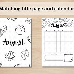 May include: Black and white printable August calendar with a matching title page. The title page features a beach theme with ice cream cones, beach balls, seashells, and flip flops. The calendar has a grid for each day of the month, a section for monthly goals, and a notes section.