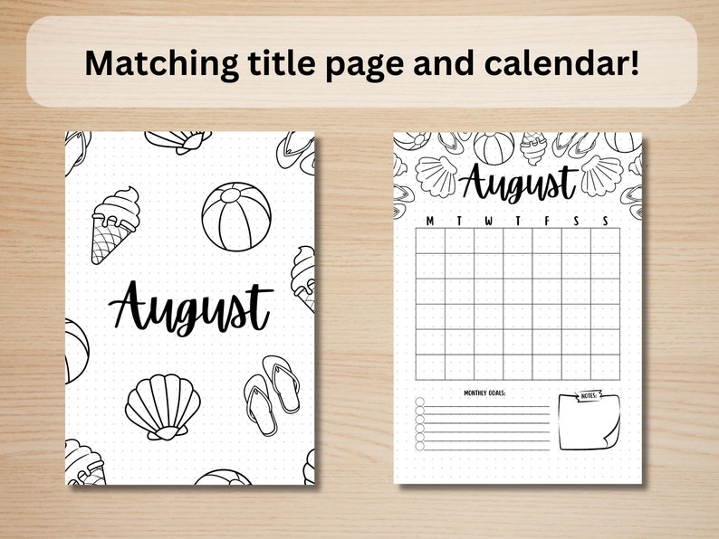 May include: Black and white printable August calendar with a matching title page. The title page features a beach theme with ice cream cones, beach balls, seashells, and flip flops. The calendar has a grid for each day of the month, a section for monthly goals, and a notes section.