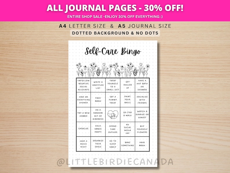 Self Care Bingo - PRINTABLE Journal Page - Planner Page - Weekly Tracker - Wellness Journal Page - Wellness Tracker - Self-Care Bingo Game image 1