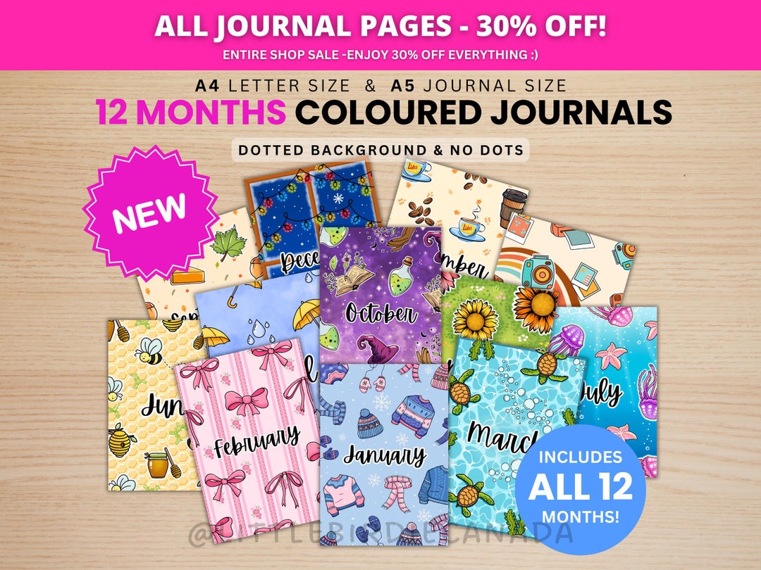 12 Months of Journal Bundles - Pre-Coloured - PRINTABLE Journal Pages - Digital Planner Pa