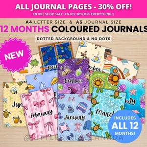 12 Months of Journal Bundles - Pre-Coloured - PRINTABLE Journal Pages - Digital Planner Pages - A5 & A4 Size - Color - Digital Download image 1
