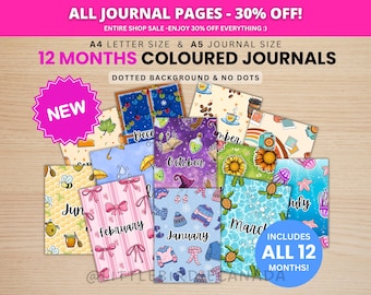 12 Months of Journal Bundles - Pre-Coloured - PRINTABLE Journal Pages - Digital Planner Pages - A5 & A4 Size - Color - Digital Download