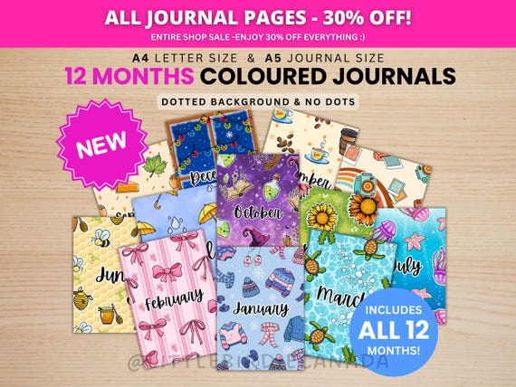 12 Months of Journal Bundles - Pre-Coloured - PRINTABLE Journal Pages - Digital Planner Pages - A5 & A4 Size - Color - Digital Download
