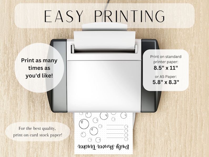 Puede incluir: Una impresora blanca con una hoja de papel saliendo de ella. El papel tiene un dise&ntilde;o en blanco y negro de c&iacute;rculos y l&iacute;neas. El texto en el papel dice "mrn mous hybet". El texto en la imagen dice "EASY PRINTING", "&iexcl;Imprime tantas veces como quieras!" y "Imprime en papel de impresora est&aacute;ndar: 8.5" x 11" o papel A5: 5.8" x 8.3". El texto tambi&eacute;n dice "&iexcl;Para la mejor calidad, imprime en papel de cartulina!"