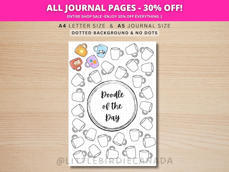 Coffee Cup Doodle Of The Day - PRINTABLE Journal Page - Planner Page - Drawing Page - Drawing Journal Page - Doodle Challenge - Daily Doodle image 1