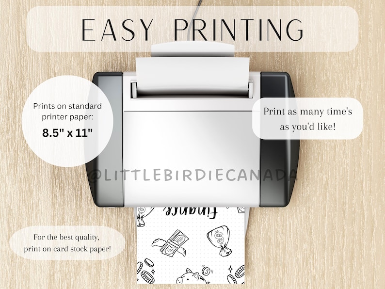 May include: A black and white printer with a sheet of paper in it. The paper has a black and white illustration of a piggy bank, money, and the word "finance". The text "EASY PRINTING" is at the top of the image. The text "Prints on standard printer paper: 8.5" x 11" is on the left side of the image. The text "Print as many time's as you'd like!" is on the right side of the image. The text "For the best quality, print on card stock paper!" is at the bottom of the image.