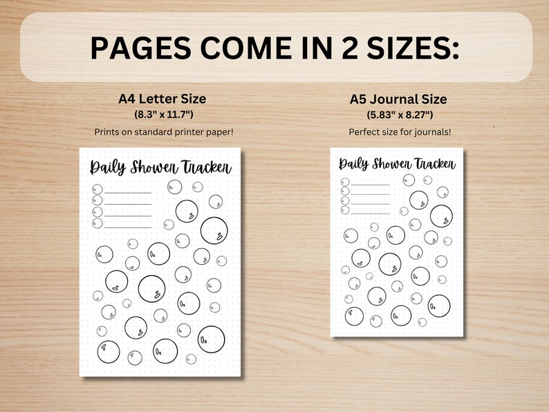 Puede incluir: Dos p&aacute;ginas imprimibles de seguimiento diario de la ducha en blanco y negro. Las p&aacute;ginas est&aacute;n dise&ntilde;adas con un tema de burbujas e incluyen una lista de verificaci&oacute;n y espacio para notas. Las p&aacute;ginas est&aacute;n disponibles en dos tama&ntilde;os: 8,3 pulgadas por 11,7 pulgadas y 5,83 pulgadas por 8,27 pulgadas.